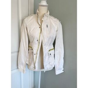 Free People Corduroy Utility Jacket Off White Snap Zip Military Moto Sz 2 Spring